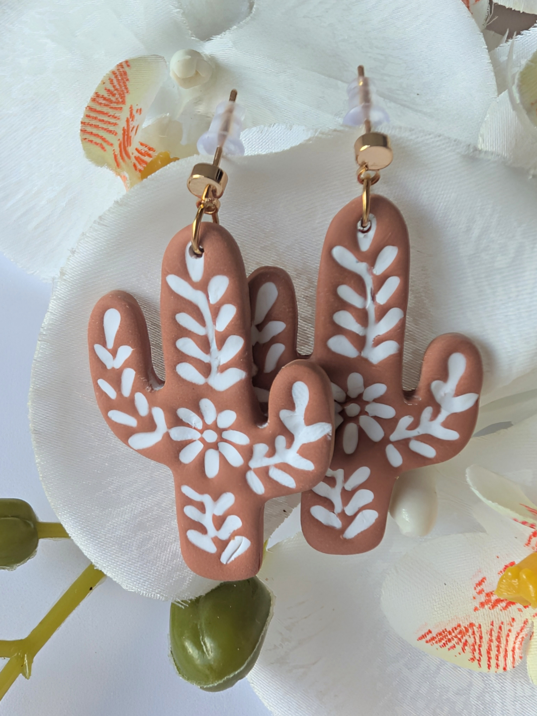 Cactus Dangle Earrings "Talavera" – Polymer Clay, Brass & Surgical Steel –Gold plated -  Terracotta or rosewood