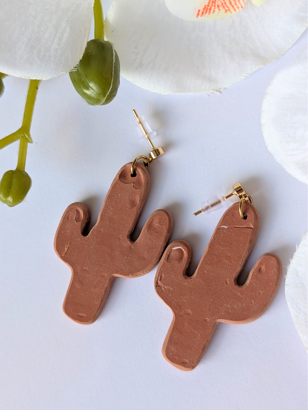 Cactus Dangle Earrings "Talavera" – Polymer Clay, Brass & Surgical Steel –Gold plated -  Terracotta or rosewood
