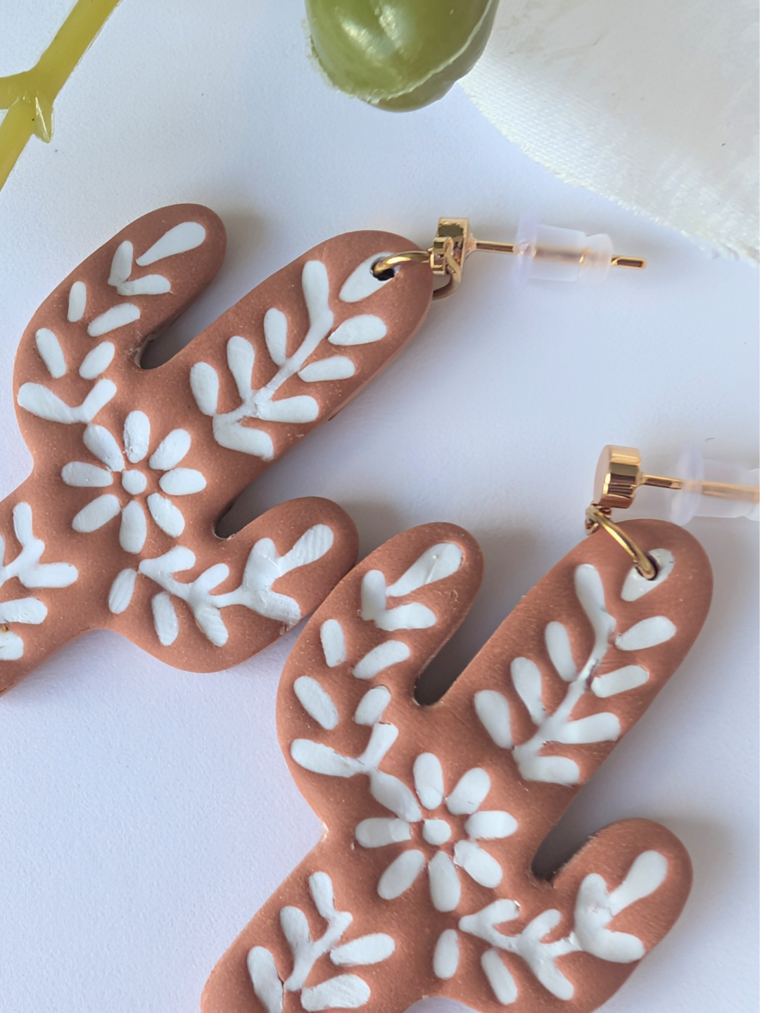 Cactus Dangle Earrings "Talavera" – Polymer Clay, Brass & Surgical Steel –Gold plated -  Terracotta or rosewood