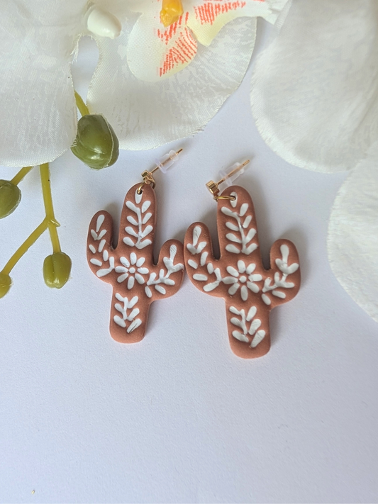 Cactus Dangle Earrings "Talavera" – Polymer Clay, Brass & Surgical Steel –Gold plated -  Terracotta or rosewood