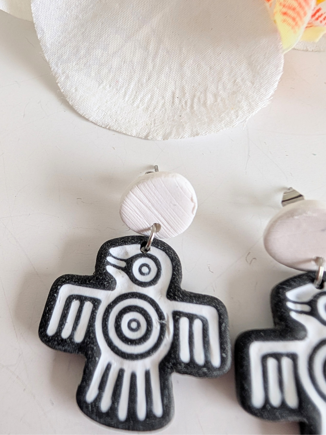Dangle Earrings "Quetzalcoatl" – Small Aztec Birds – Polymer Clay and Stainless Steel – Black & White – Approx. 4.1 cm long