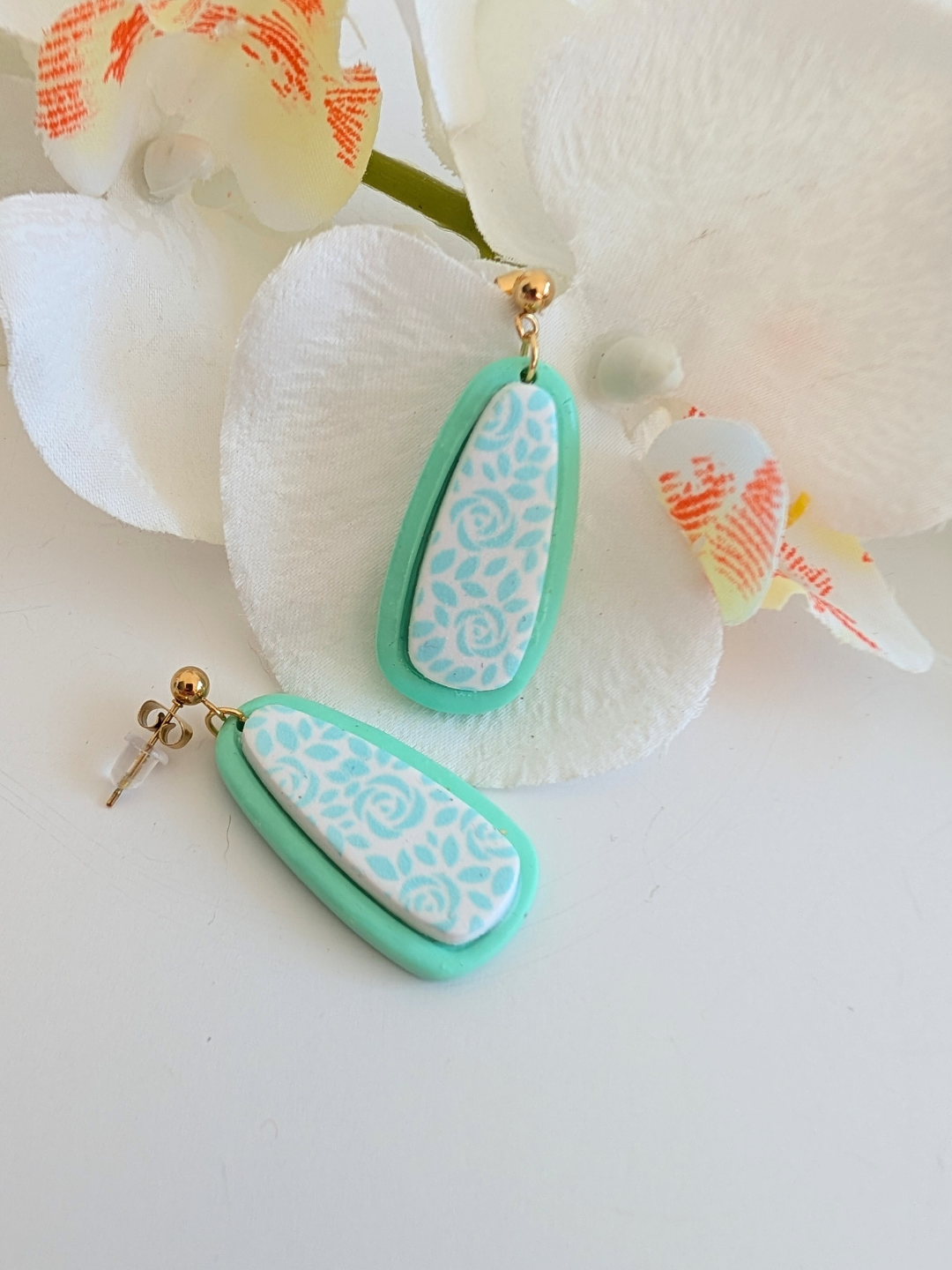 Earrings “Xochipilli” – Polymer Clay & Stainless Steel – Green – 2 Models Available – Drops or Long Dangles