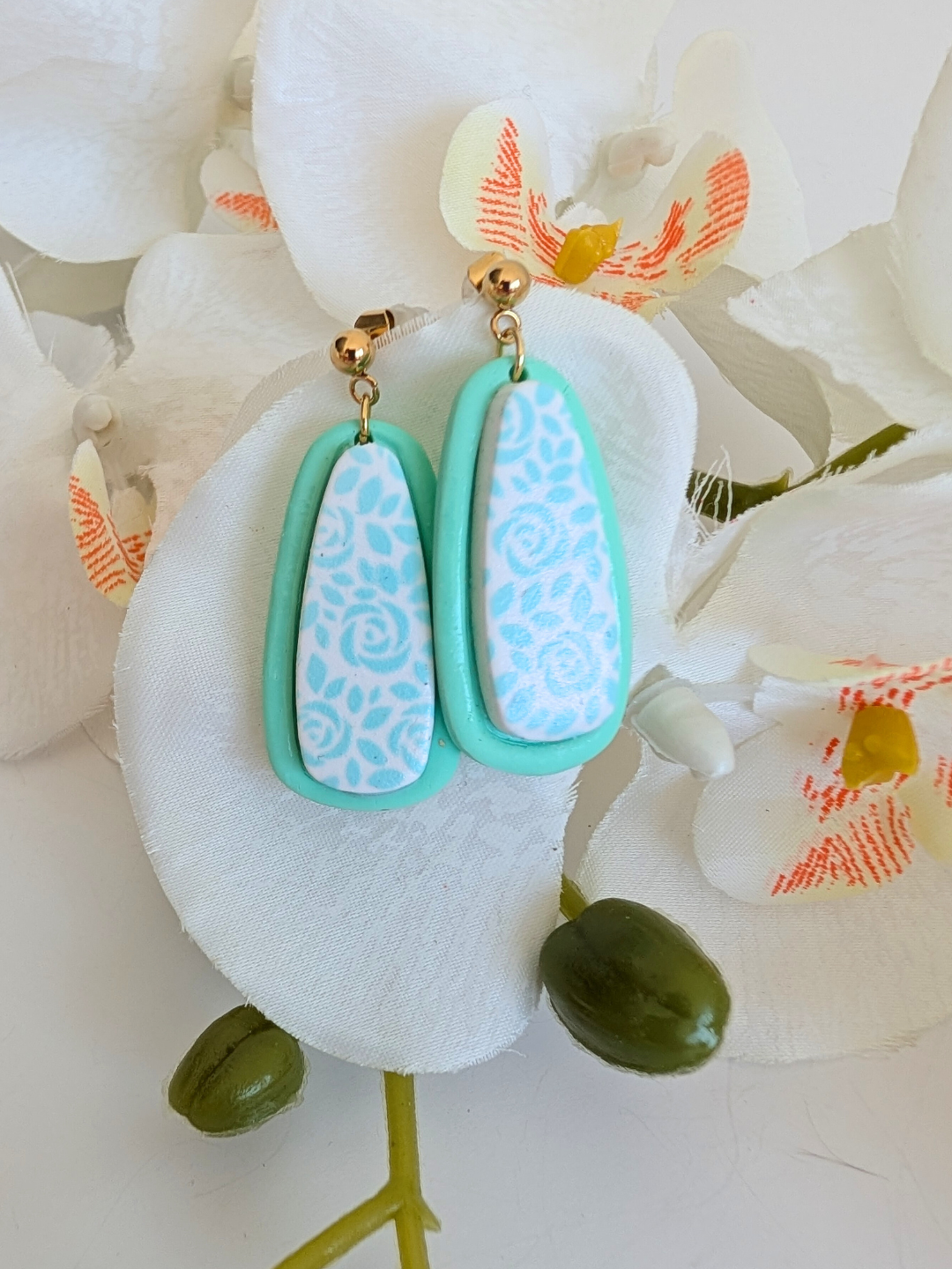 Earrings “Xochipilli” – Polymer Clay & Stainless Steel – Green – 2 Models Available – Drops or Long Dangles