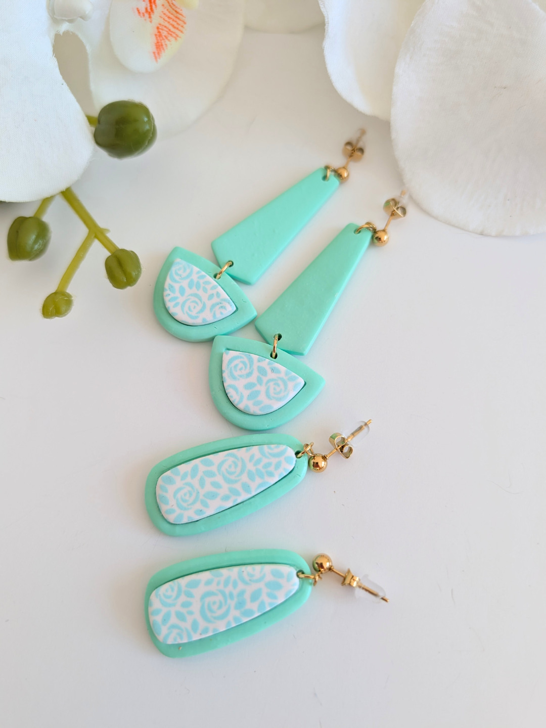 Earrings “Xochipilli” – Polymer Clay & Stainless Steel – Green – 2 Models Available – Drops or Long Dangles