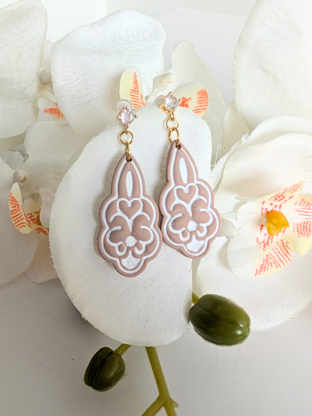 Earrings “Anna” – Polymer Clay, Brass, 925 Silver & Zircon – 18K Gold Plated – Height: 4.6 cm – Rosewood or Terracotta