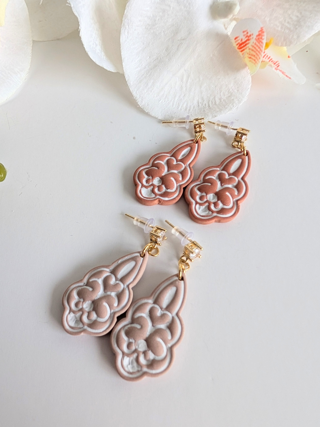 Earrings “Anna” – Polymer Clay, Brass, 925 Silver & Zircon – 18K Gold Plated – Height: 4.6 cm – Rosewood or Terracotta