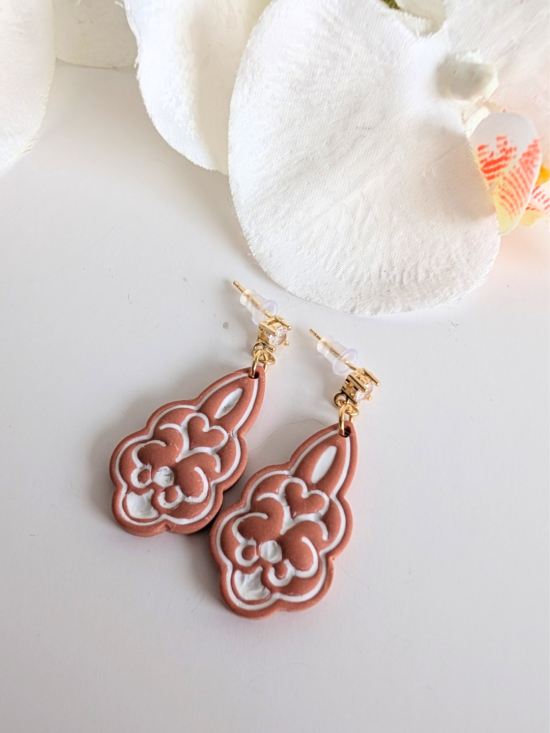 Earrings “Anna” – Polymer Clay, Brass, 925 Silver & Zircon – 18K Gold Plated – Height: 4.6 cm – Rosewood or Terracotta