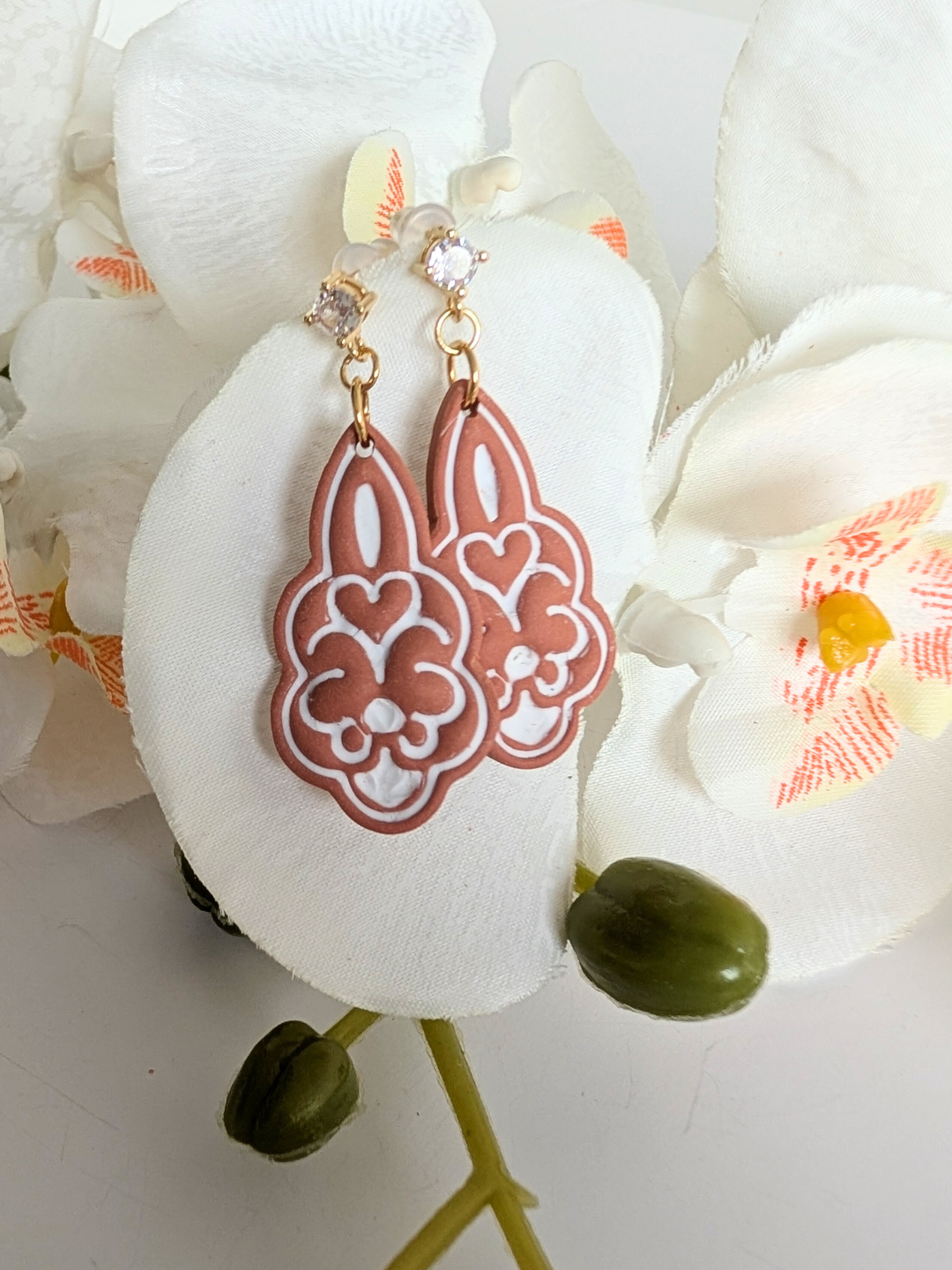 Earrings “Anna” – Polymer Clay, Brass, 925 Silver & Zircon – 18K Gold Plated – Height: 4.6 cm – Rosewood or Terracotta