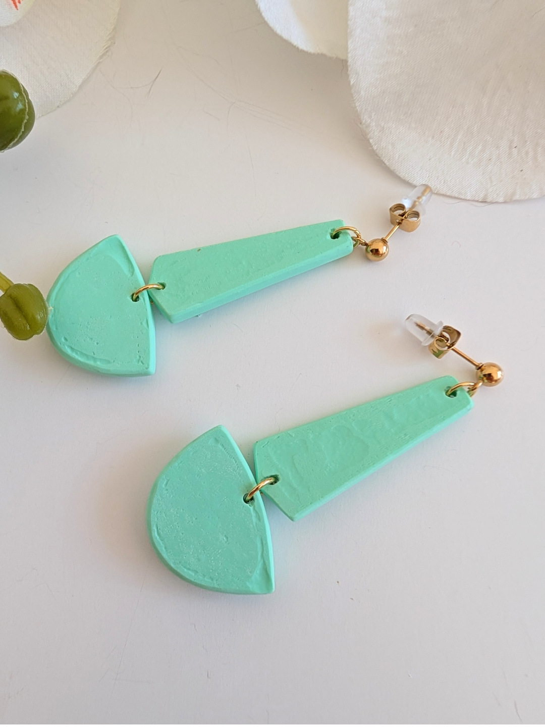 Earrings “Xochipilli” – Polymer Clay & Stainless Steel – Green – 2 Models Available – Drops or Long Dangles