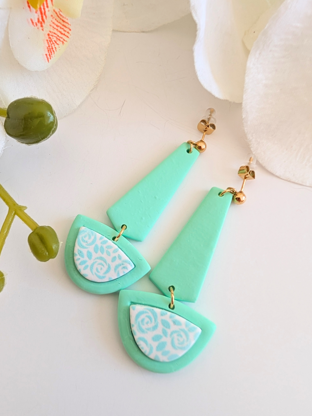 Earrings “Xochipilli” – Polymer Clay & Stainless Steel – Green – 2 Models Available – Drops or Long Dangles