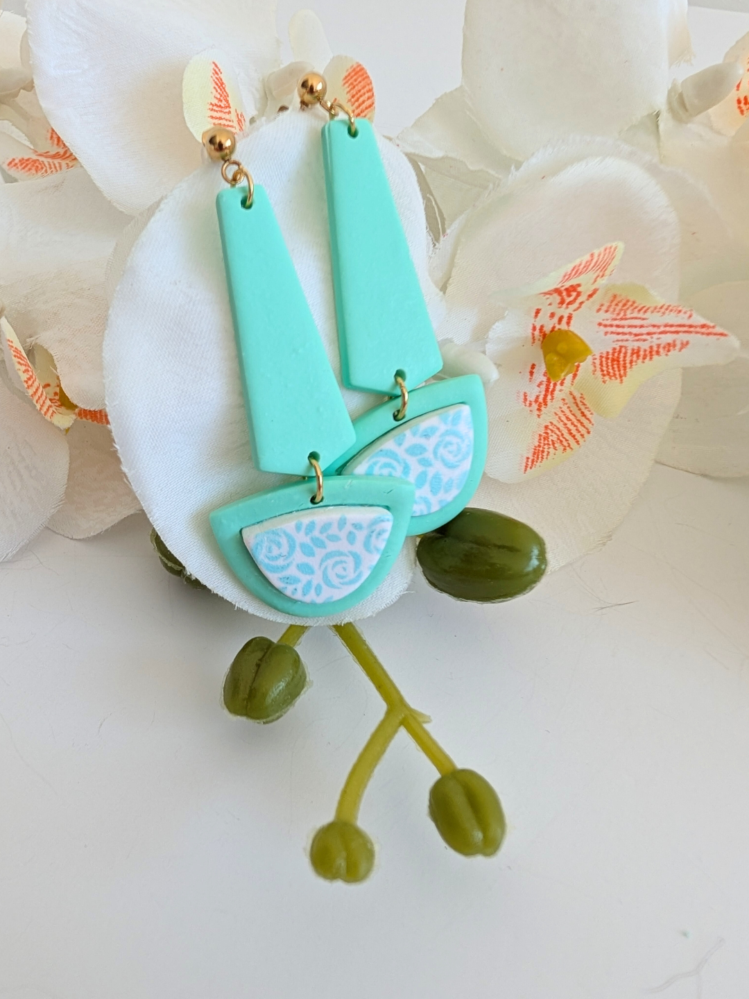 Earrings “Xochipilli” – Polymer Clay & Stainless Steel – Green – 2 Models Available – Drops or Long Dangles