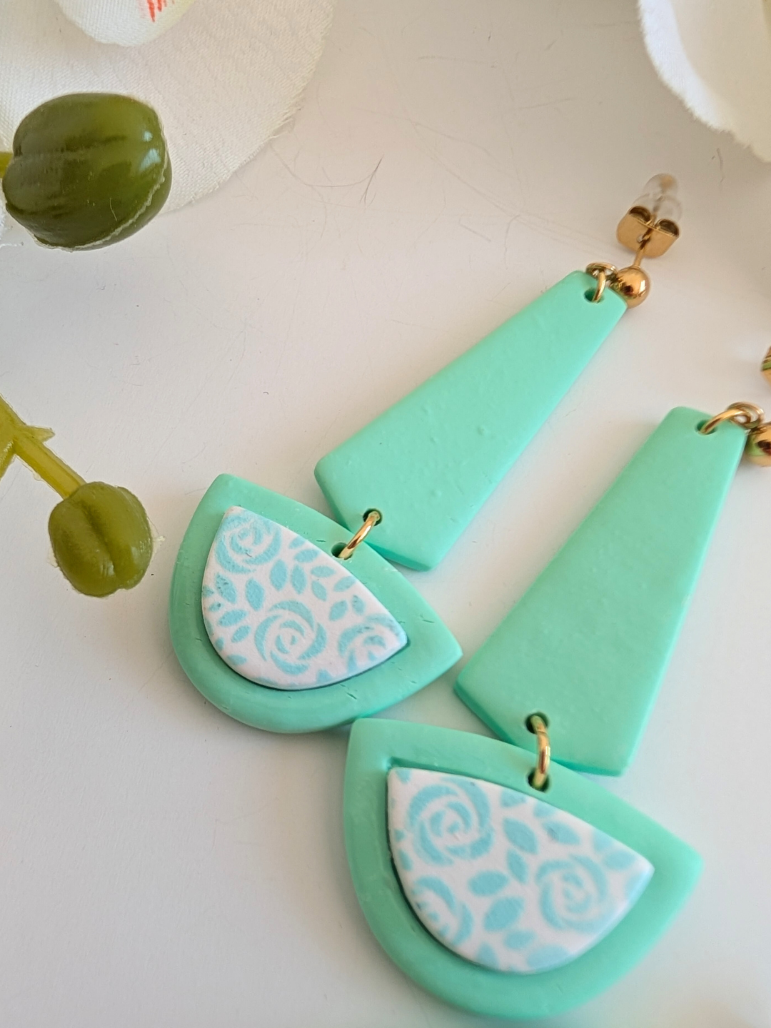 Earrings “Xochipilli” – Polymer Clay & Stainless Steel – Green – 2 Models Available – Drops or Long Dangles