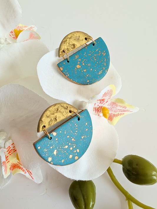 Ethnic Earrings 'Nayeli - Teal & Gold - Tribal Chic Polymer Clay Statement Earrings - Handmade