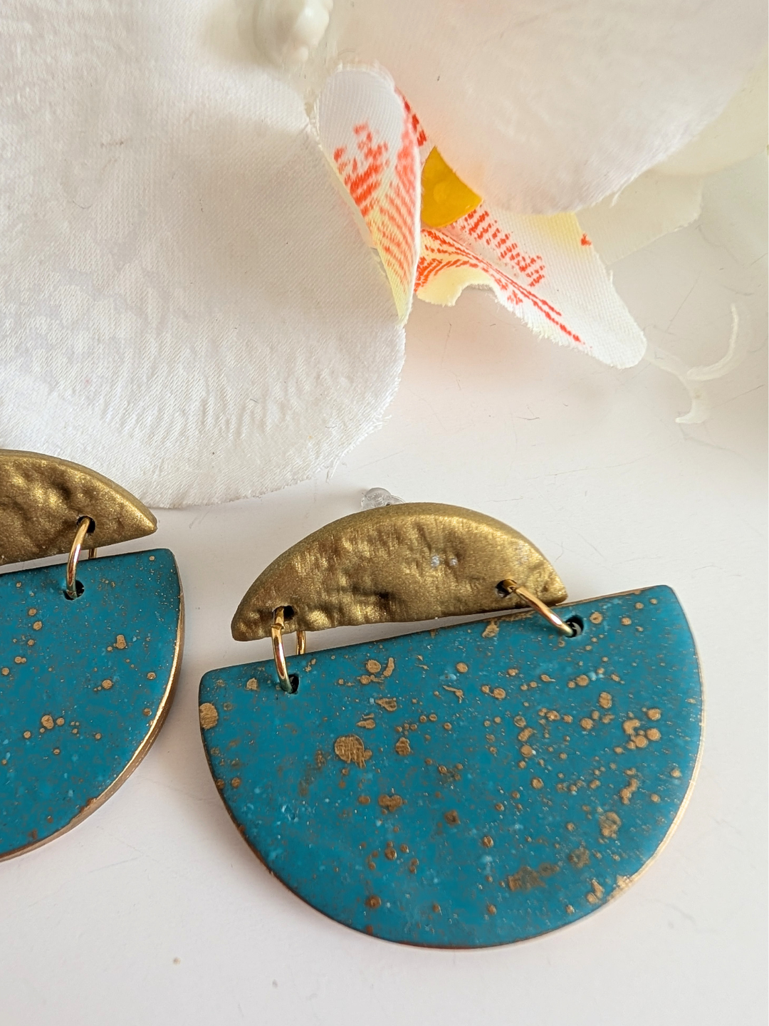 Ethnic Earrings 'Nayeli - Teal & Gold - Tribal Chic Polymer Clay Statement Earrings - Handmade
