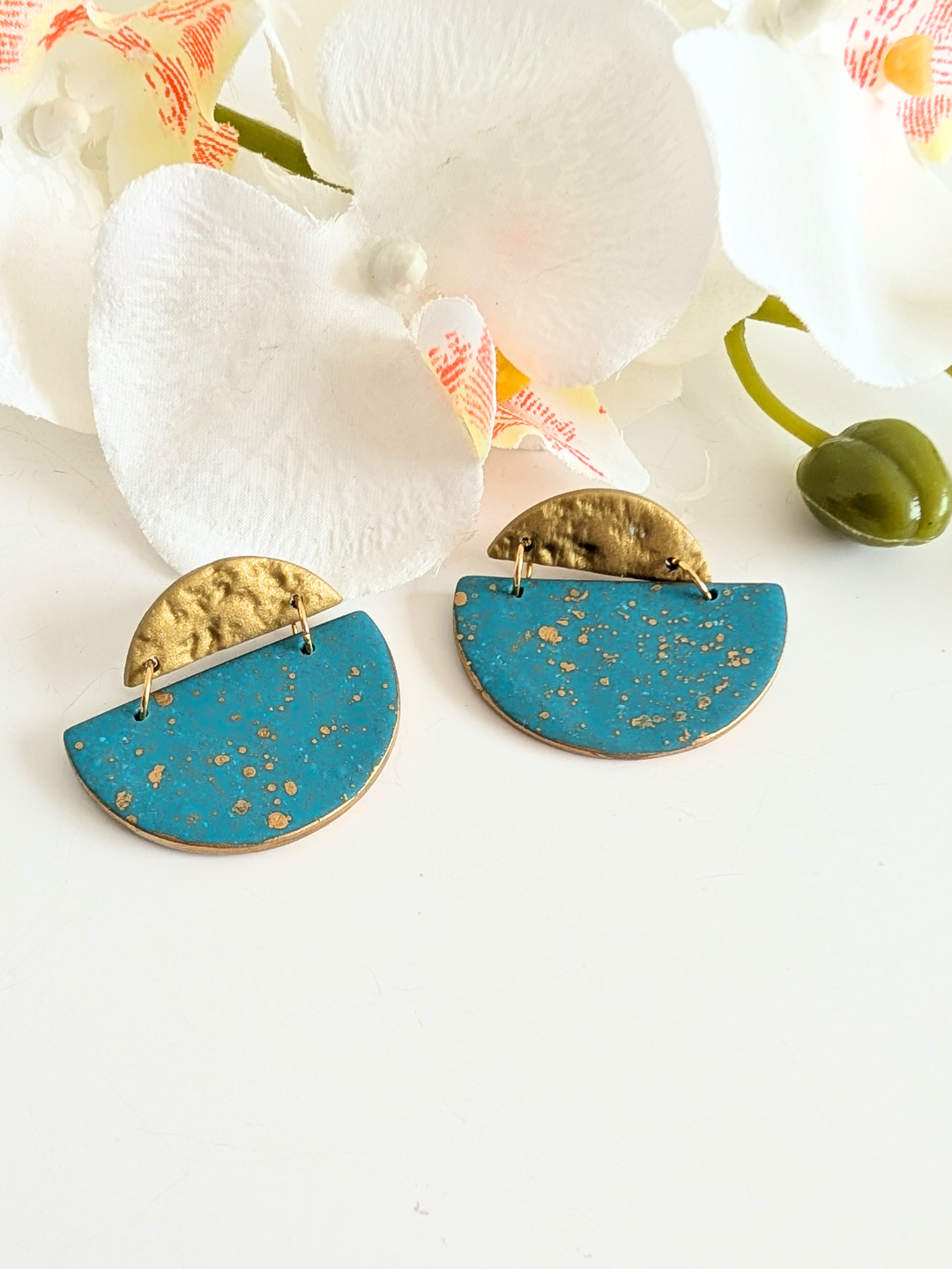 Ethnic Earrings 'Nayeli - Teal & Gold - Tribal Chic Polymer Clay Statement Earrings - Handmade