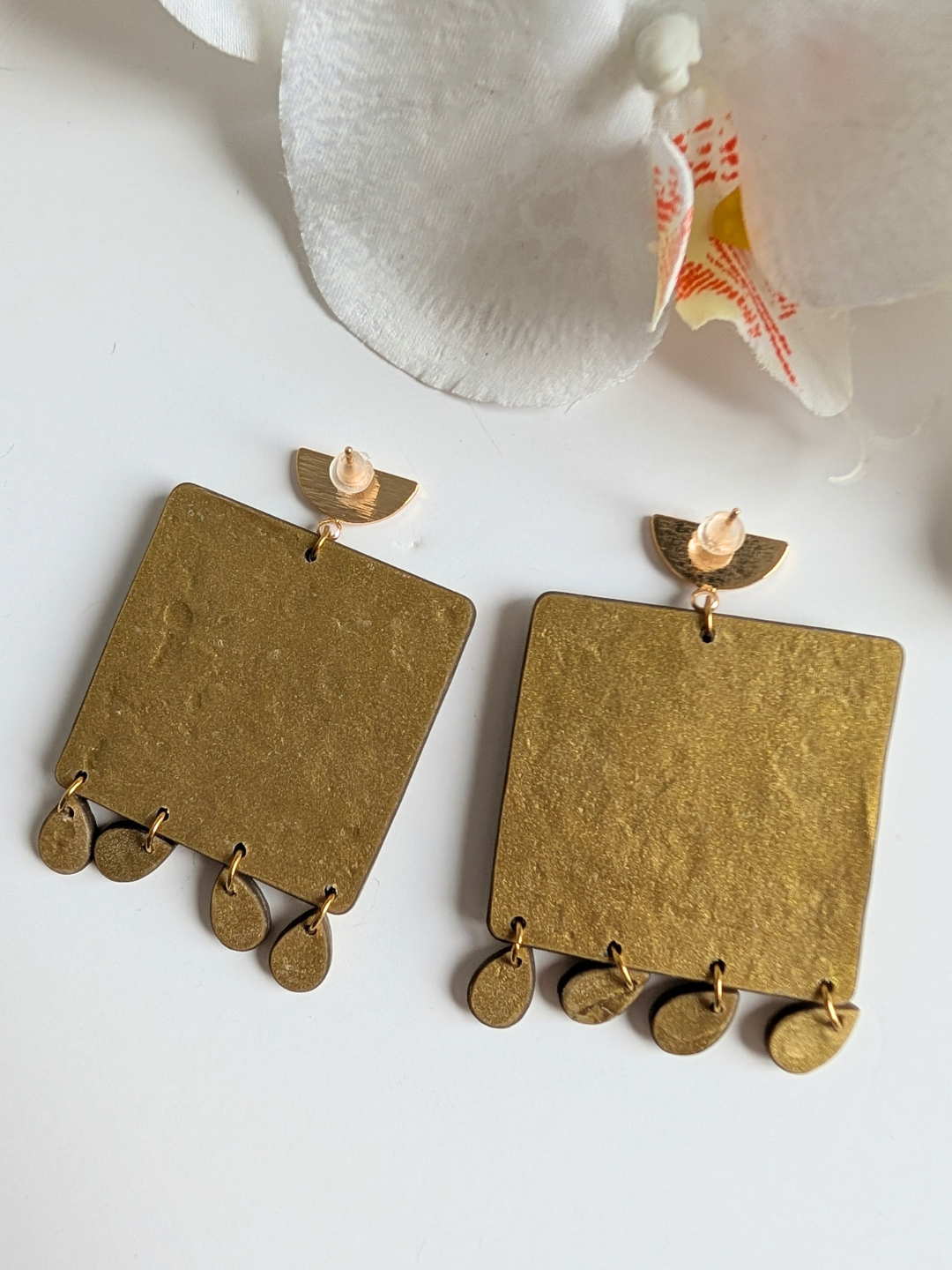 Teal & Gold Square Earrings "Centlachipinilli" | Handmade Polymer Clay Jewelry, Boho Chic Geometric Statement Earrings