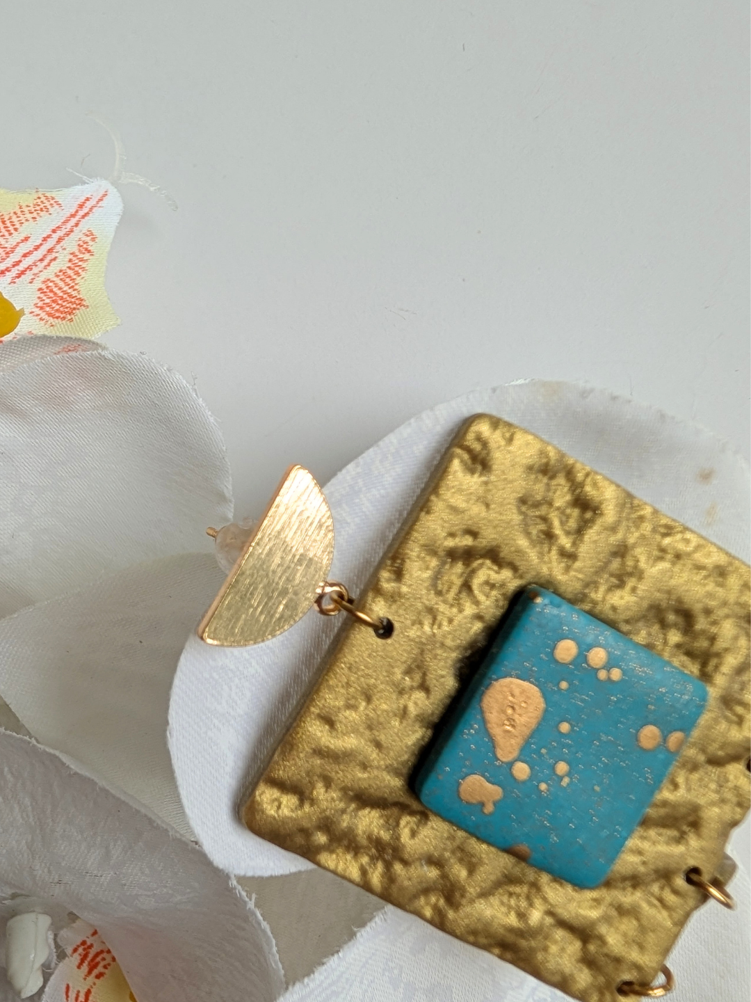 Teal & Gold Square Earrings "Centlachipinilli" | Handmade Polymer Clay Jewelry, Boho Chic Geometric Statement Earrings
