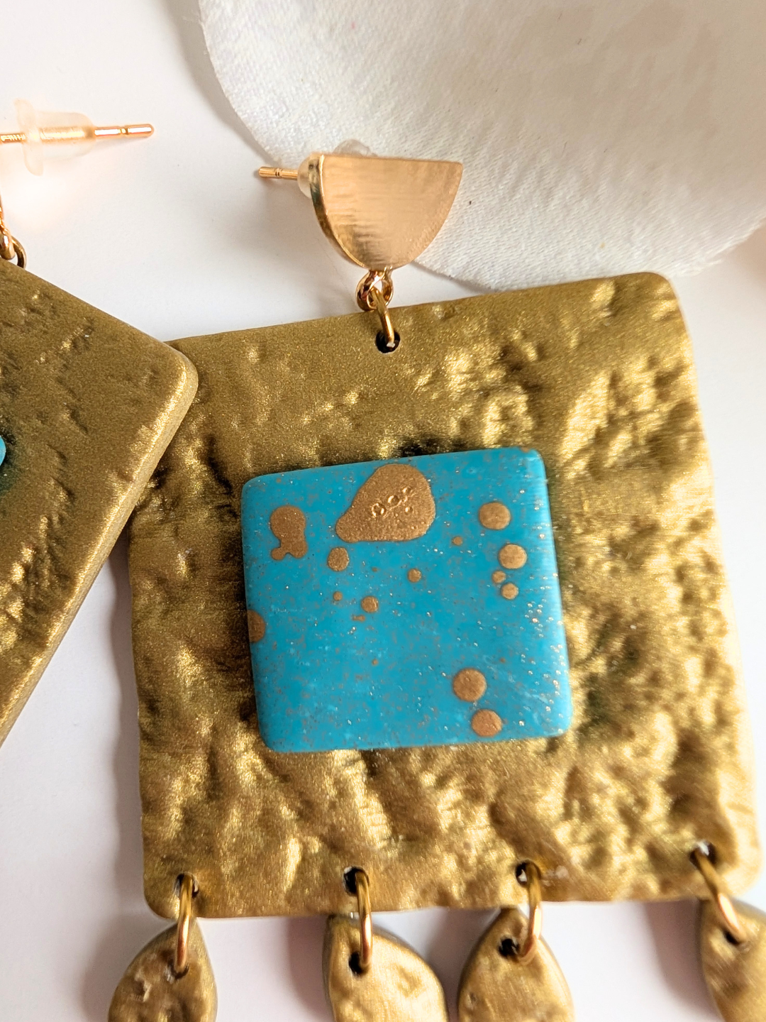 Teal & Gold Square Earrings "Centlachipinilli" | Handmade Polymer Clay Jewelry, Boho Chic Geometric Statement Earrings