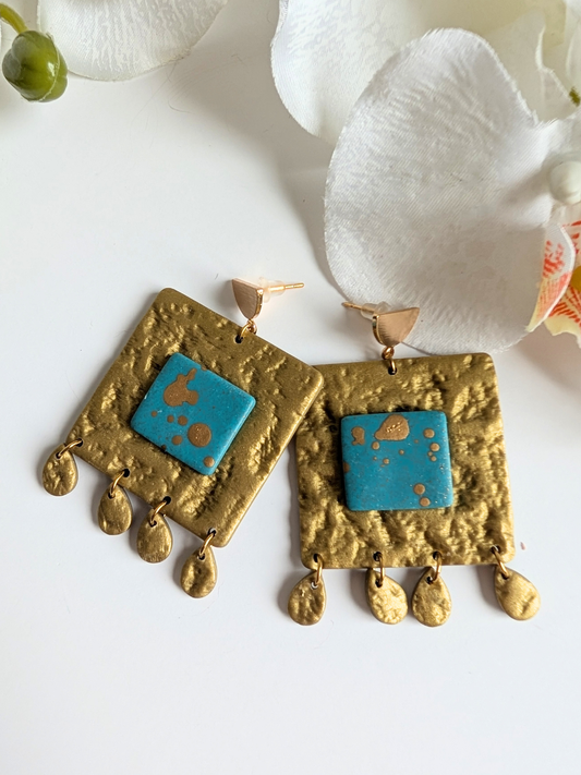 Teal & Gold Square Earrings "Centlachipinilli" | Handmade Polymer Clay Jewelry, Boho Chic Geometric Statement Earrings