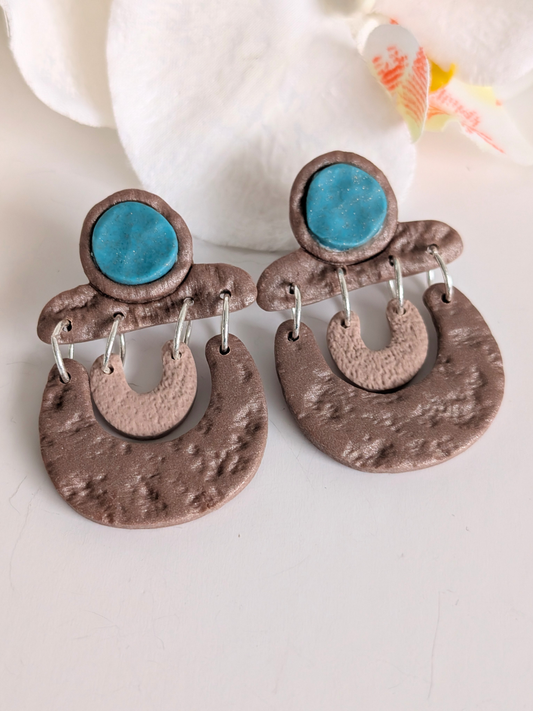 Tribal earrings "Ai'la" - Polymer clay & Stainless steel - Brown, rosezood and peacock blue colours - Approximately 5.2 cm high