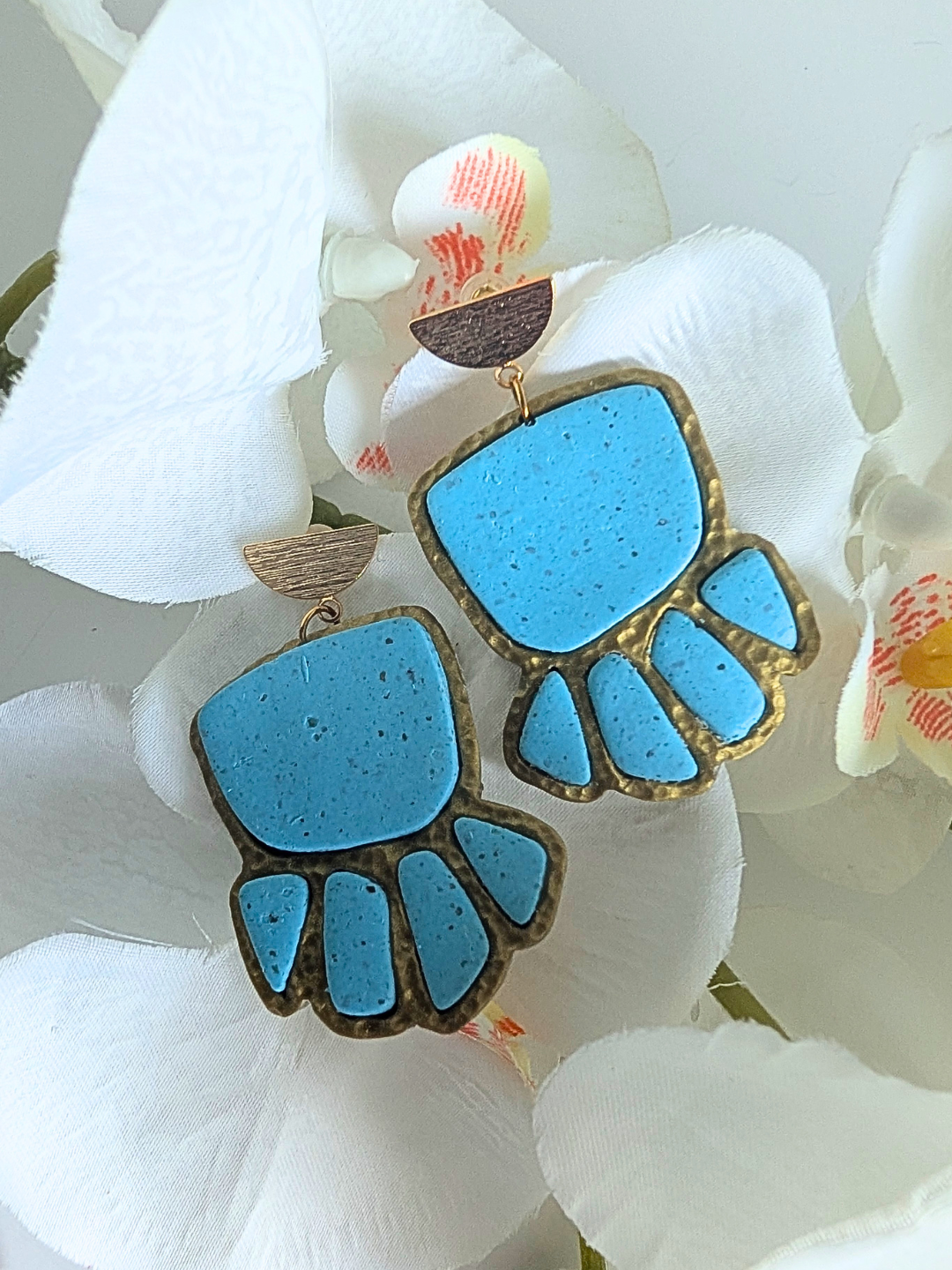 Turquoise & Gold Earrings "Gaïa" | Polymer Clay Stone Effect Jewelry, Contemporary Boho Handmade Earrings
