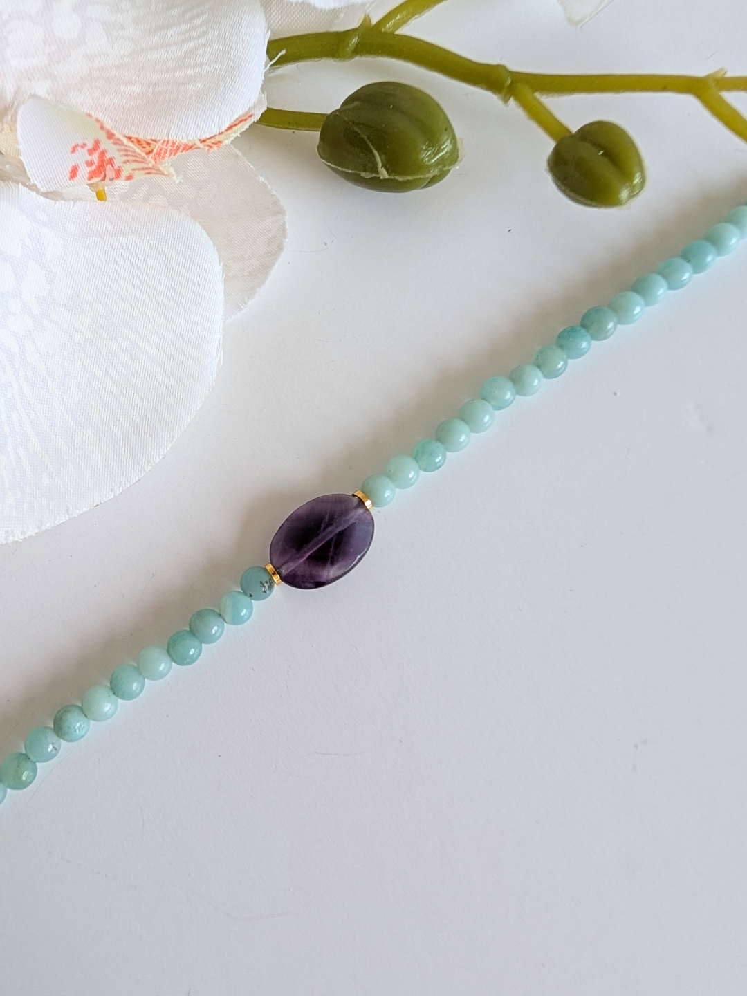 “Alma” Ethnic Bracelet – Amazonite & Fluorite – Stainless Steel and Brass – Approximately 17.5 cm Wrist Size – Hypoallergenic