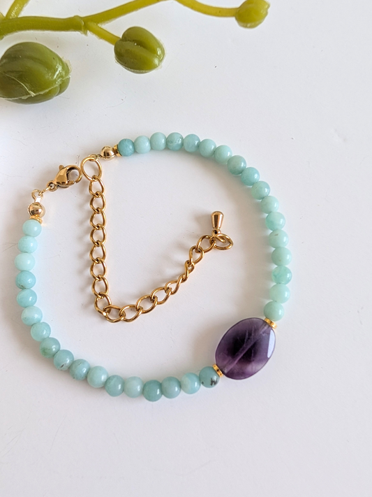 “Alma” Ethnic Bracelet – Amazonite & Fluorite – Stainless Steel and Brass – Approximately 17.5 cm Wrist Size – Hypoallergenic