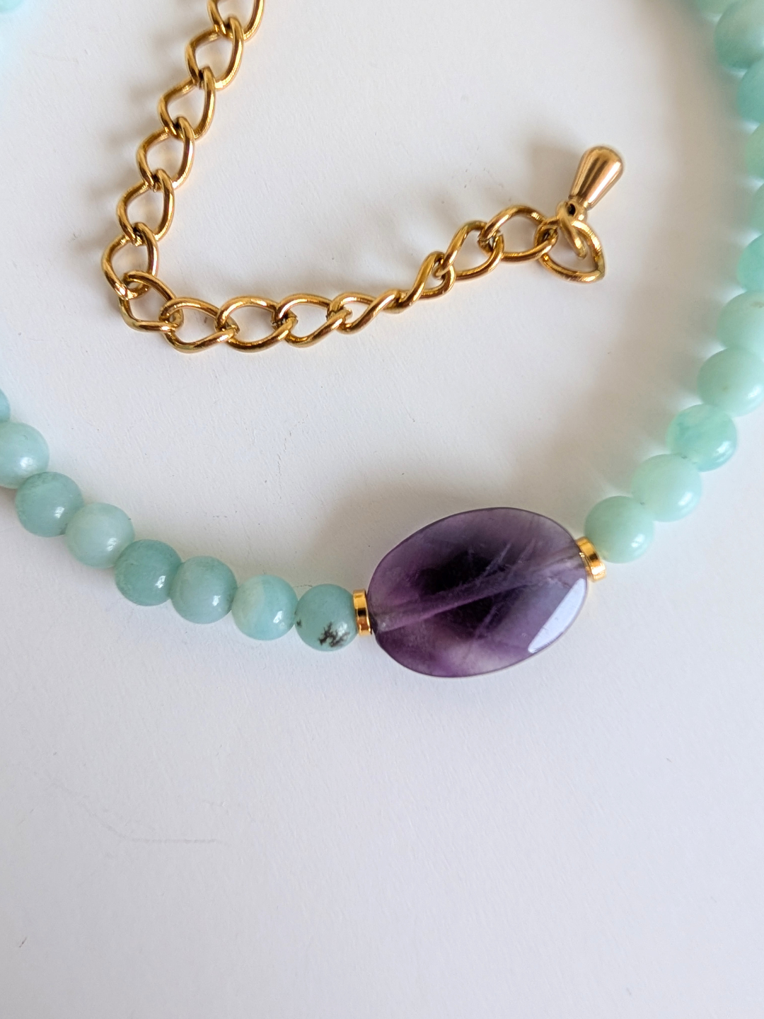 “Alma” Ethnic Bracelet – Amazonite & Fluorite – Stainless Steel and Brass – Approximately 17.5 cm Wrist Size – Hypoallergenic
