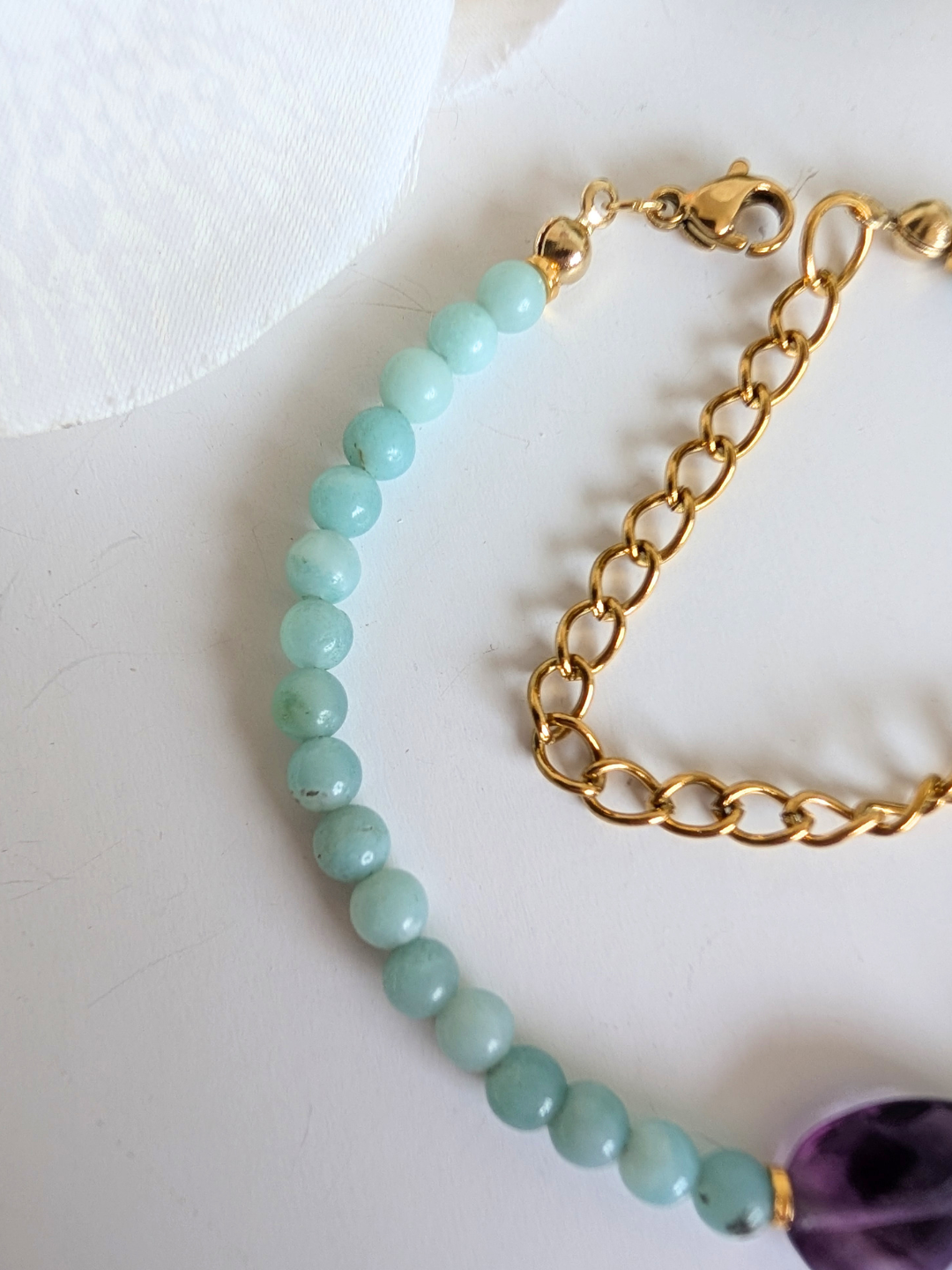 “Alma” Ethnic Bracelet – Amazonite & Fluorite – Stainless Steel and Brass – Approximately 17.5 cm Wrist Size – Hypoallergenic