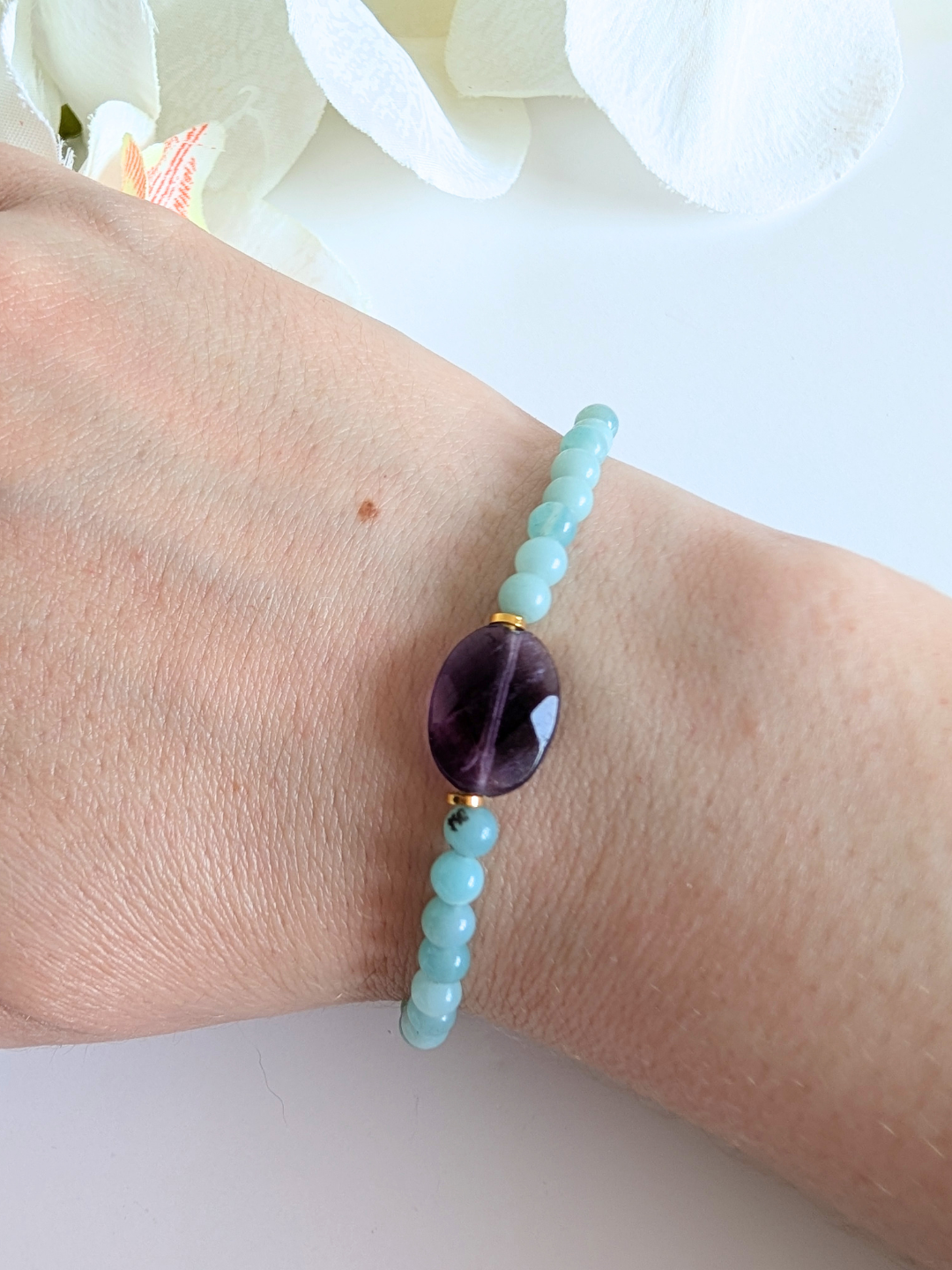 “Alma” Ethnic Bracelet – Amazonite & Fluorite – Stainless Steel and Brass – Approximately 17.5 cm Wrist Size – Hypoallergenic