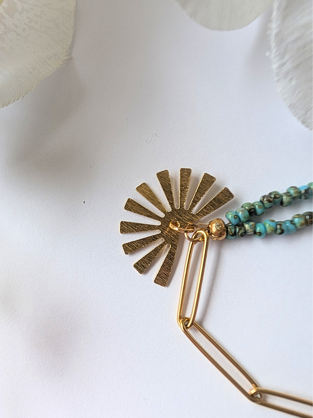 Handmade Half-Chain Bracelet – Turquoise Miyuki Beads & Textured Sun Charm – Gold Stainless Steel - 19 cm long