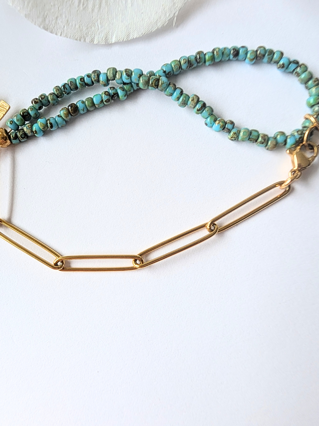 Handmade Half-Chain Bracelet – Turquoise Miyuki Beads & Textured Sun Charm – Gold Stainless Steel - 19 cm long