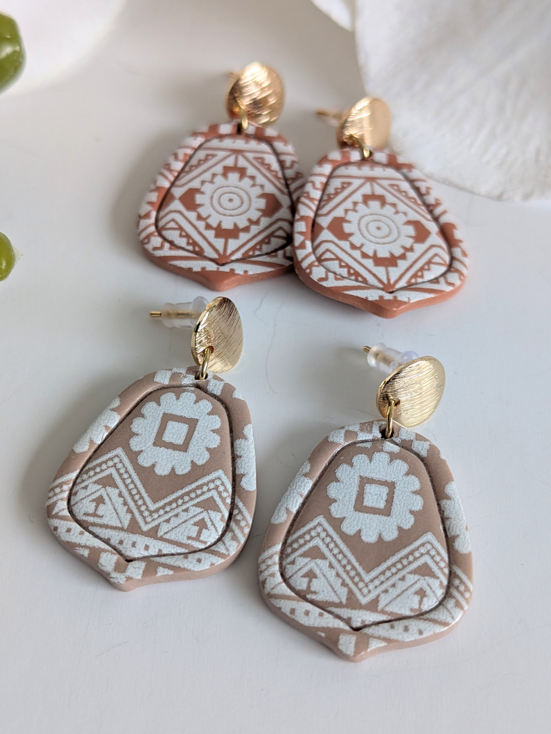 'Ameyal' Handmade Aztec Pattern Earrings – Polymer Clay & Surgical Steel – 18K Gold Plated – Terracotta or Rosewood - Approximately 4.7 cm high