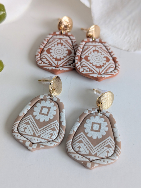 'Ameyal' Handmade Aztec Pattern Earrings – Polymer Clay & Surgical Steel – 18K Gold Plated – Terracotta or Rosewood - Approximately 4.7 cm high