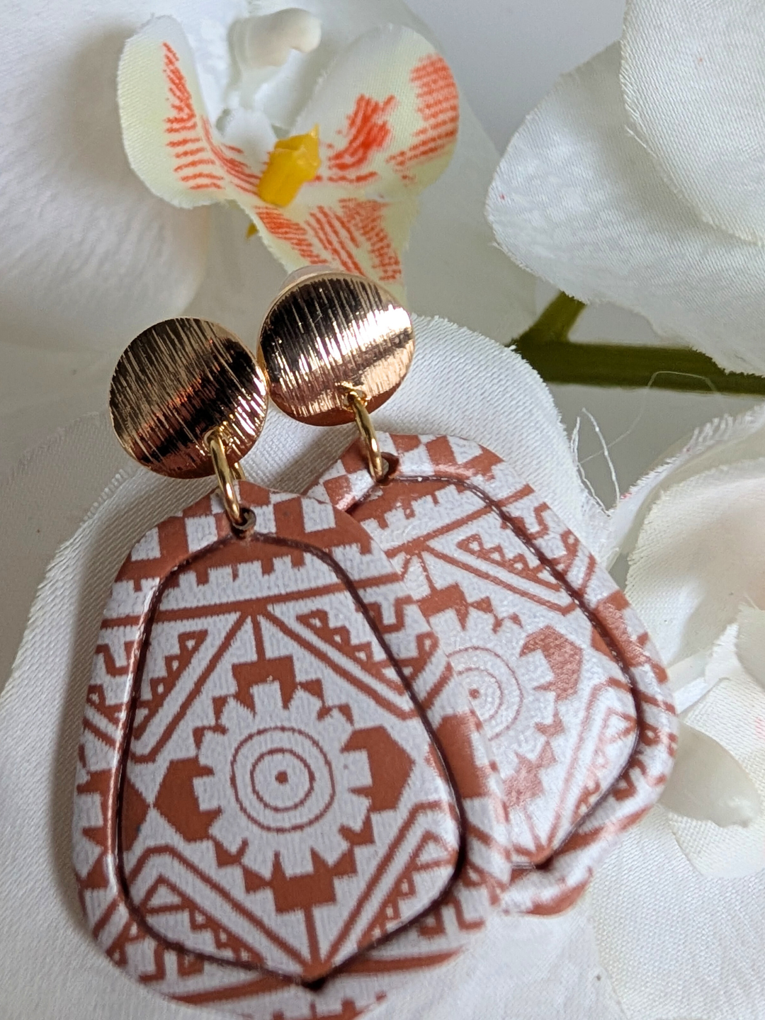 'Ameyal' Handmade Aztec Pattern Earrings – Polymer Clay & Surgical Steel – 18K Gold Plated – Terracotta or Rosewood - Approximately 4.7 cm high