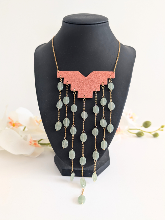 Handmade Precolumbian-inspired statement necklace 'Suyana' - Aventurine, polymer clay & stainless steel - 40.5 cm length
