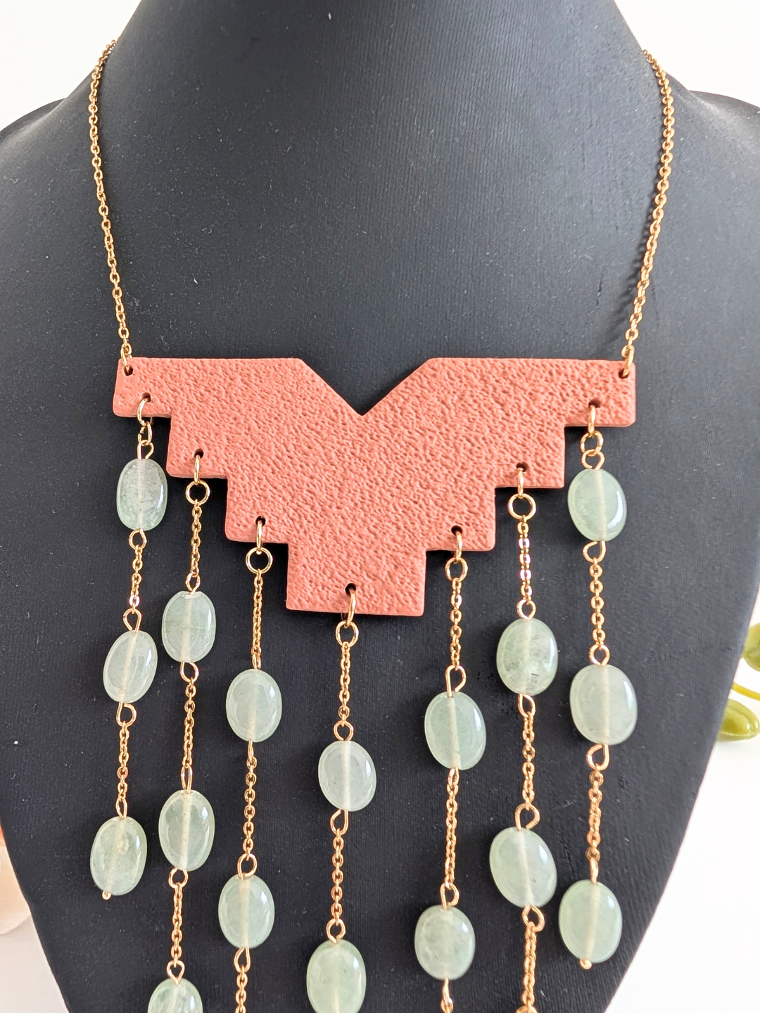 Handmade Precolumbian-inspired statement necklace 'Suyana' - Aventurine, polymer clay & stainless steel - 40.5 cm length