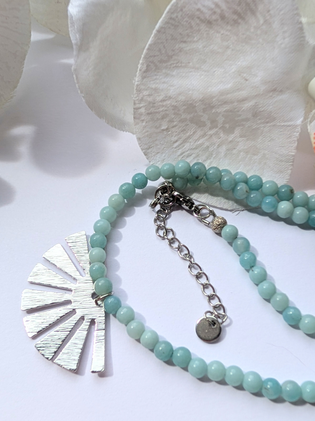 Necklace "Azomalli" | 4 mm Amazonite Beads with Half-Sun Pendant | Pre-Columbian Inspired Boho Jewelry | Elegant Women's Necklace