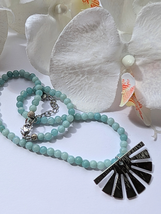 Necklace "Azomalli" | 4 mm Amazonite Beads with Half-Sun Pendant | Pre-Columbian Inspired Boho Jewelry | Elegant Women's Necklace