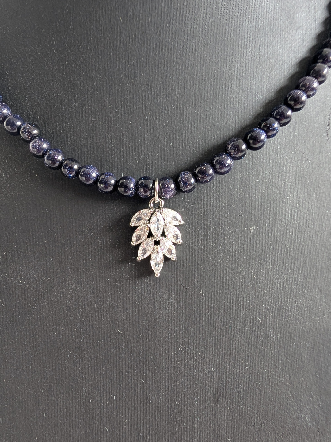 Necklace "Izhuatl" | 4 mm Blue Goldstone beads with Leaf Zircon Pendant | Elegant Choker Necklace | Hypoallergenic Jewelry for Women