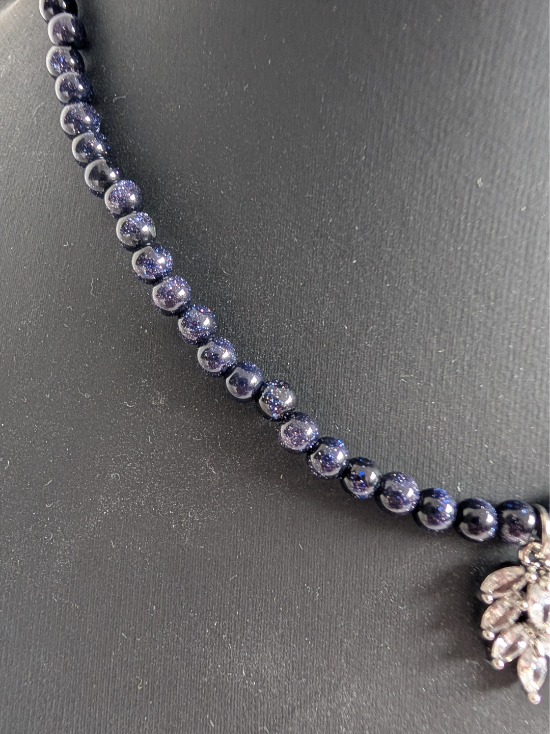 Necklace "Izhuatl" | 4 mm Blue Goldstone beads with Leaf Zircon Pendant | Elegant Choker Necklace | Hypoallergenic Jewelry for Women