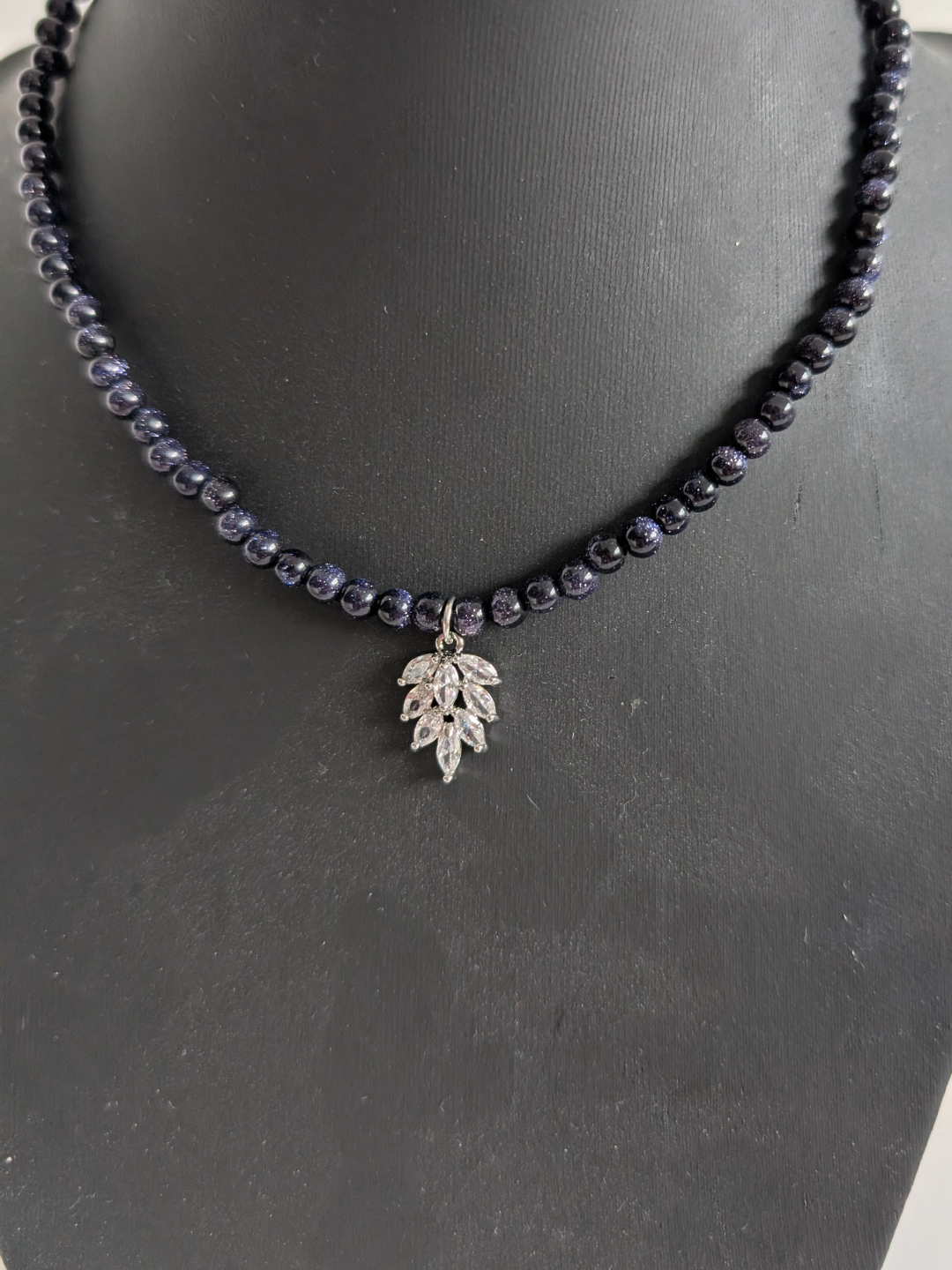 Necklace "Izhuatl" | 4 mm Blue Goldstone beads with Leaf Zircon Pendant | Elegant Choker Necklace | Hypoallergenic Jewelry for Women