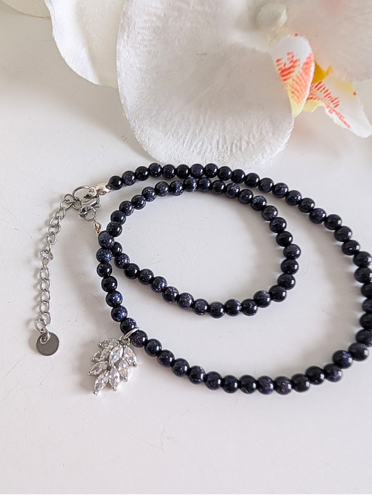 Necklace "Izhuatl" | 4 mm Blue Goldstone beads with Leaf Zircon Pendant | Elegant Choker Necklace | Hypoallergenic Jewelry for Women