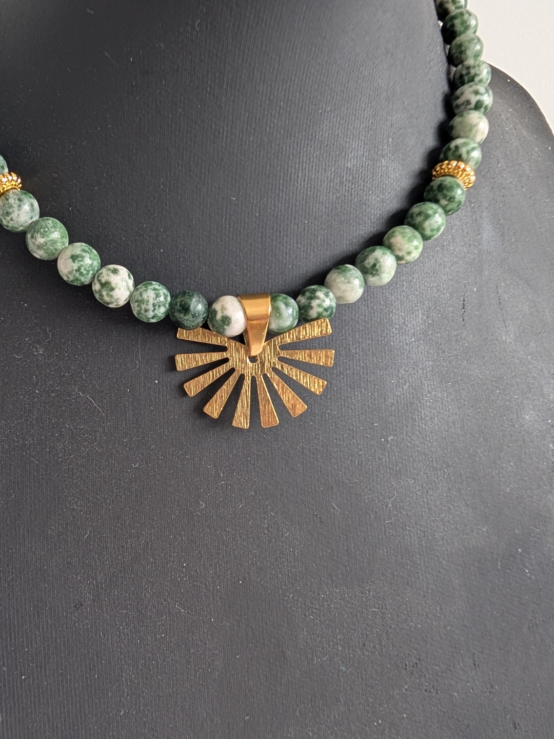 Necklace "Inti" | 6 mm Green Spotted Jasper Necklace with Brass Sun Pendant | Nature-Inspired Boho Jewelry | Elegant Women's Necklace