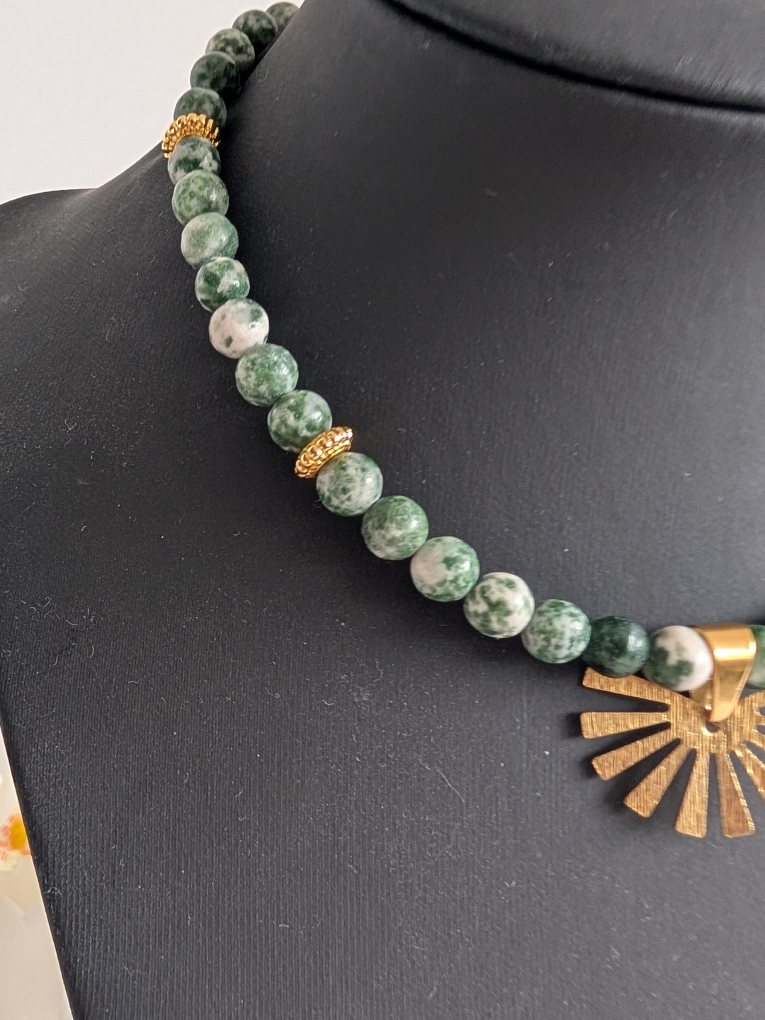 Necklace "Inti" | 6 mm Green Spotted Jasper Necklace with Brass Sun Pendant | Nature-Inspired Boho Jewelry | Elegant Women's Necklace