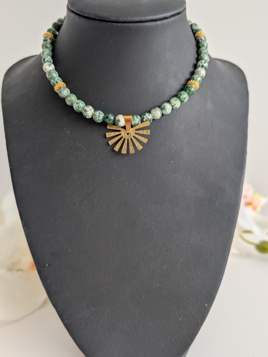 Necklace "Inti" | 6 mm Green Spotted Jasper Necklace with Brass Sun Pendant | Nature-Inspired Boho Jewelry | Elegant Women's Necklace