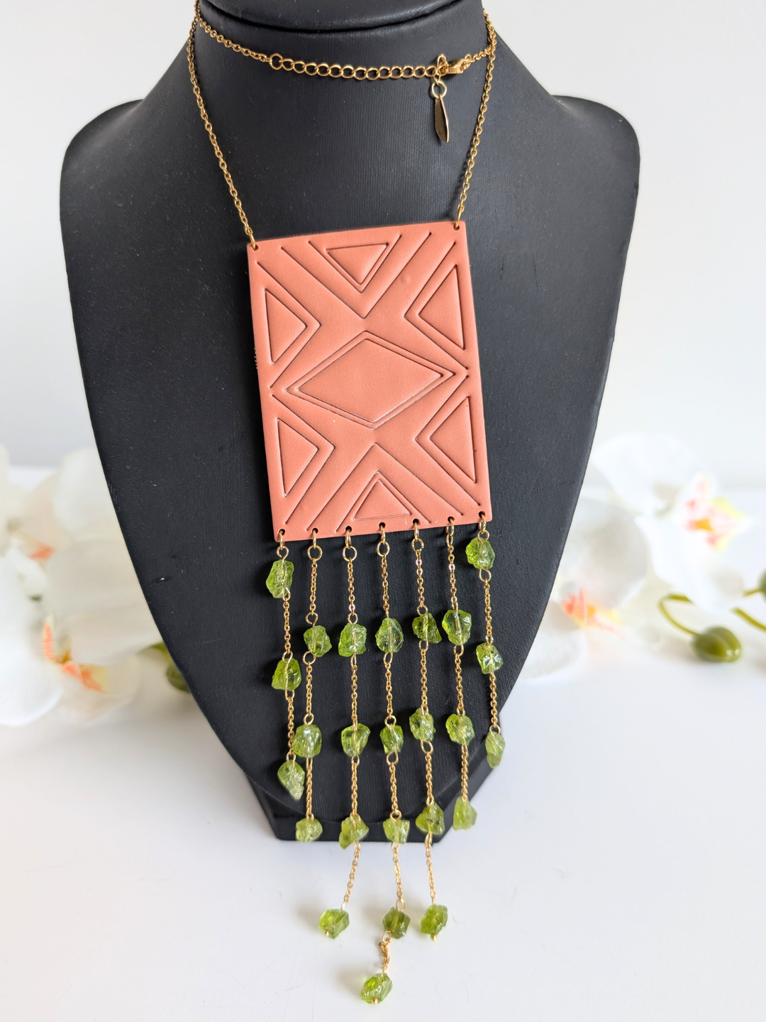 Tribal Necklace "Anayansi" – Polymer Clay, Raw Peridot & Surgical Steel – Chic Ethnic Jewelry – Approx. 49 cm Neck Circumference