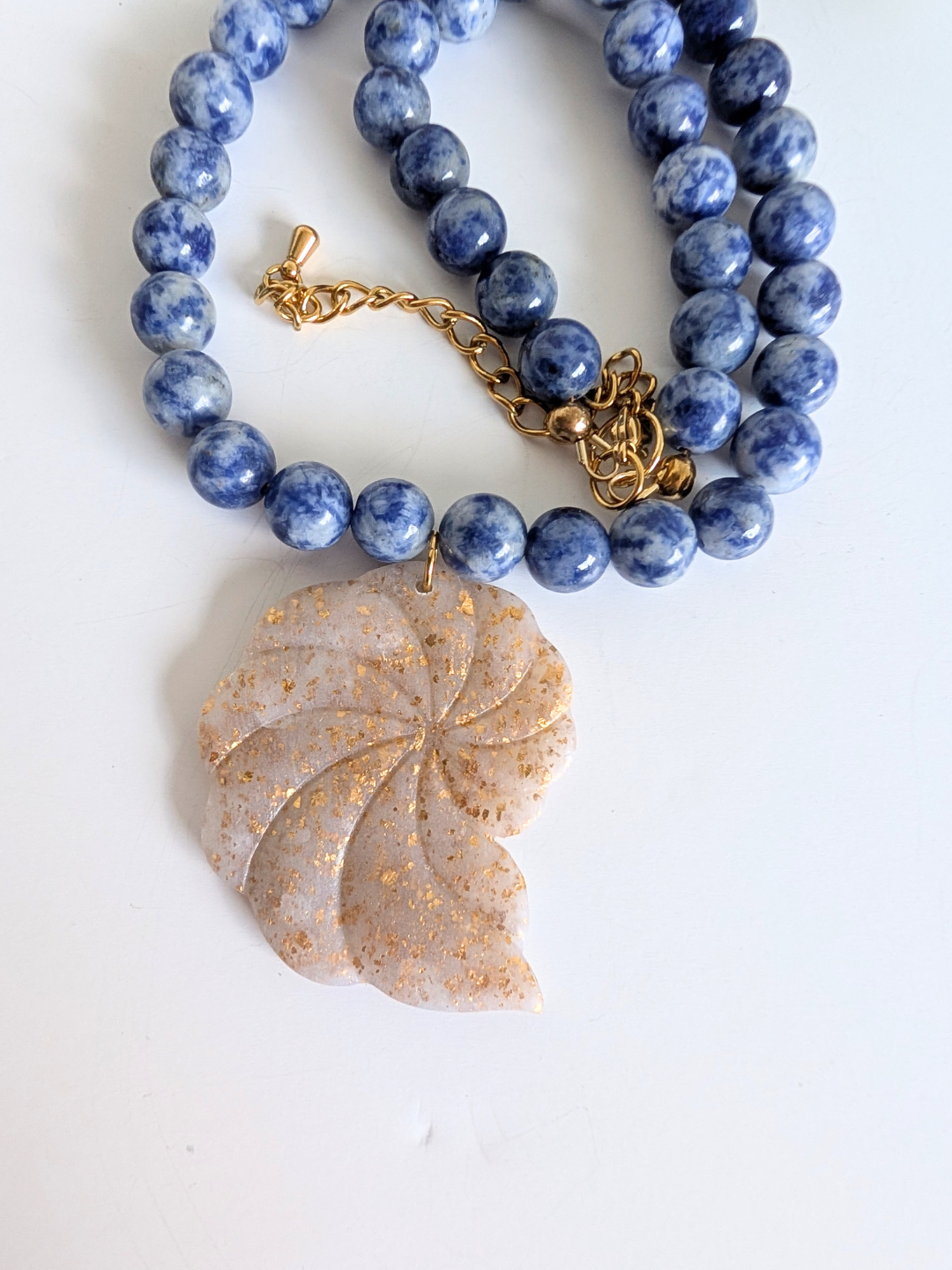 Sodalite Necklace with Ammonite Pendant – Handmade Polymer Clay Boho Mineral Necklace - 35 cm long