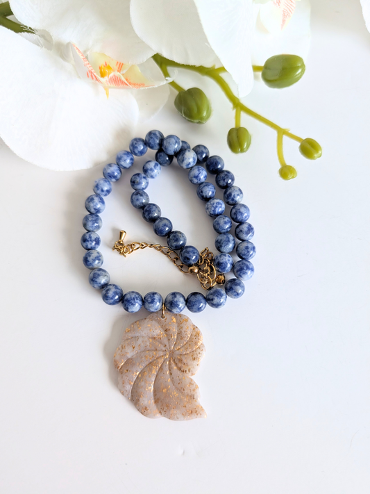 Sodalite Necklace with Ammonite Pendant – Handmade Polymer Clay Boho Mineral Necklace - 35 cm long