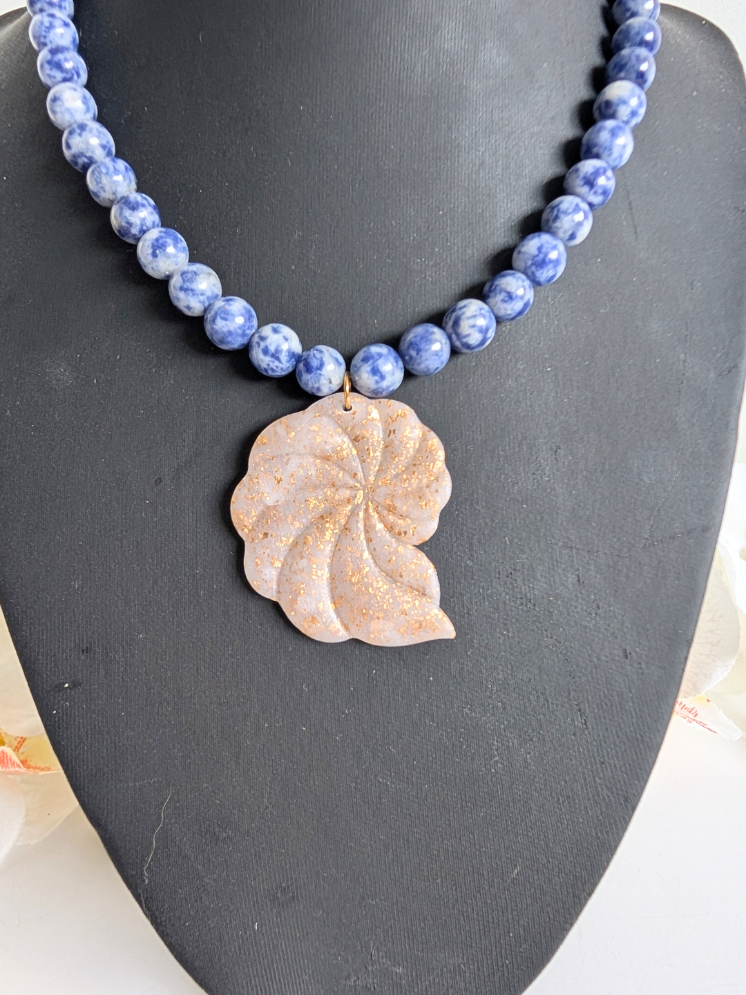 Sodalite Necklace with Ammonite Pendant – Handmade Polymer Clay Boho Mineral Necklace - 35 cm long